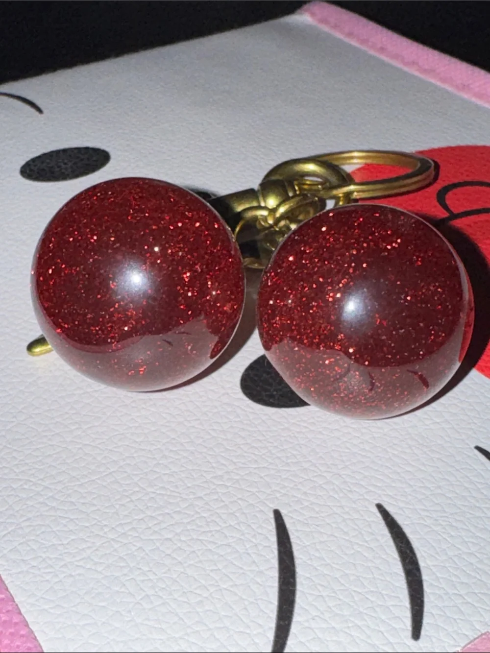 Gold Cherry Keychain with Red Glitter Charms
